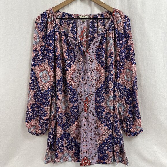 Lucky Brand Tops - Lucky Brand Boho Blue Colorful Tie Popover Peasant Top Womens Sz 1X Festival